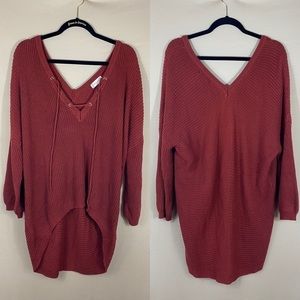Altar’d State Oversized Waffle Knit V-neck Sweater w/ Tie Strings Maroon Size S